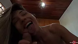 Watch this naughty blonde wet her pussy and take skinny dick in the bedroom?