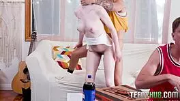 Risky blowjob with stepbro while others watch