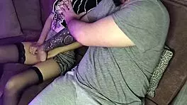 Getting my cock sucked by a stunning brunette in sexy stockings