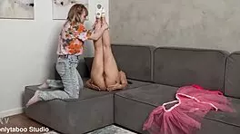 Real flexi doll stretches her tight pussy during workout. Petite 18+ milf shows off big natural tits.