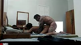 brunette babe with tattoos and tan lines gets her juicy pussy pounded by muscular dorm guys