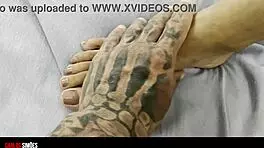 brunette babe with tattoos and tan lines gets her juicy pussy pounded by muscular dorm guys