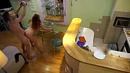 Oh man, young redhead candy red gets fucked missionary and oral by her old step dad in the kitchen, bent over and horny 😈