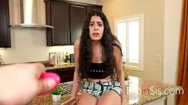 Naughty Latina Step Sis Loses Bet, Controls Vibrator on Knees