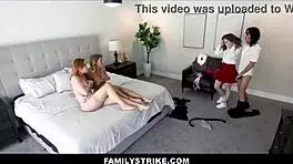 Familystrike - blonde teen stepsister bangs with girlfriend and others join! 😍