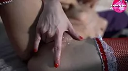 Sexy girl in red stockings intensely masturbates with sex toys in sensual solo.