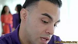 In this taboo group scene, young teens get their pussies fingered by older men