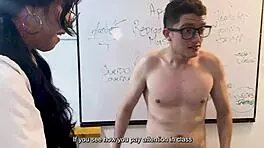 milf teacher shows 18-year-old boy and nerdy girl how to bang in hot classroom threesome