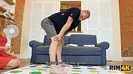 Rim4k twister suddenly turns into sex with the red-haired sweet thing licking shaved pussy!