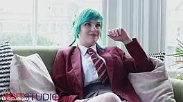 Alt goth girl in costume uniform gets her big ass pussy eaten, then sucks huge dick for a facial.