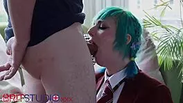 Alt goth girl in costume uniform gets her big ass pussy eaten, then sucks huge dick for a facial.