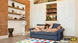 Rim4k twister suddenly turns into sex with the red-haired sweet thing licking shaved pussy!