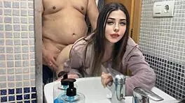 in the bathroom, she bends over for doggystyle fucking, feeling so delicious