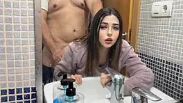 in the bathroom, she bends over for doggystyle fucking, feeling so delicious