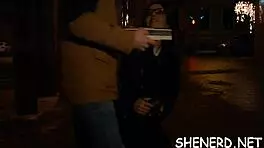 Nerdy teen impaled on strapon in rough POV blowjob, she moans.