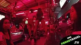 Horny petite 18+ brunette shakes ass at bar in sneakers for group swingers