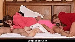Horny stepsisters lure stepbrothers into swapping and fucking