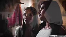 Wow! Lesbian couple forces priest to lick their wet pussies in wild scene