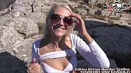 German blonde teen with sunglasses bangs outdoor, wow!