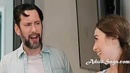 At the slumber party, the cutie catches her bestie's stepdad fapping with big tits and curvy teen body.