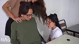 Two bratties dominate one nerd in a wild hard fuck.