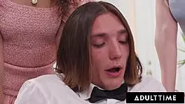 Innocent teen preacher loses virginity to 5 horny milfs in sloppy gangbang