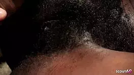 This black ebony girl with big bush gets wild. Her saggy tits bounce during interracial creampie with a white guy.