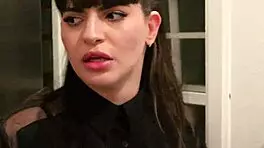 Socialite fucks the delivery guy in the ass while her cuckold husband watches, humiliating them both.