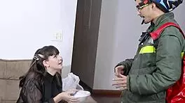 Socialite fucks the delivery guy in the ass while her cuckold husband watches, humiliating them both.