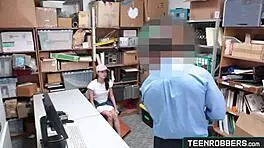 Shaved teen shoplifter gets roughly fucked by creepy guard in store