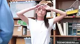 Shaved teen shoplifter gets roughly fucked by creepy guard in store