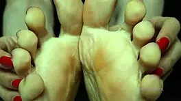 Sweat Small Feet Mistress Red Toenail Polish Female Domination Sensual With Petite Ass