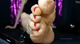 Sweat Small Feet Mistress Red Toenail Polish Female Domination Sensual With Petite Ass