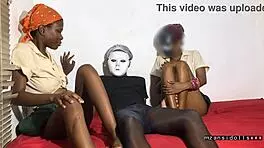 two ebony teens in miniskirts get fucked by their neighbor, showing big clits