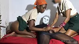 two ebony teens in miniskirts get fucked by their neighbor, showing big clits