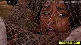 Ebony thief with big ass punished by two tranny cocks