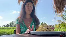 public cumwalk in cafe with sperm on face while eating pasta