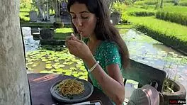 public cumwalk in cafe with sperm on face while eating pasta