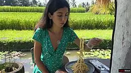 public cumwalk in cafe with sperm on face while eating pasta