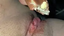 Female teen masturbates with pizza chocolate ice cream peach cheese