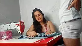 Costureira observando ereção do cliente, young 18+ brunette with tight pussy in rough foreplay.
