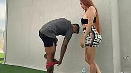 Muscular coach bangs his Brazilian student outdoors after a sweaty workout. Tattoos and tight ass in full view!