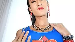 Tiny asian shemale offers creamy blowjob and bareback anal with big dick