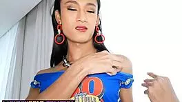 Tiny asian shemale offers creamy blowjob and bareback anal with big dick