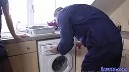 English milf gets pipe fitted by cheeky plumber in stockings.