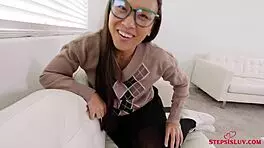 teen stepsis kimmy kim fucked deeply by jay rock in riding, deepthroat blowjob, big cock cowgirl on sofa