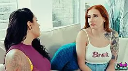 Redhead teen Zara learns to trust her tattooed brunette step mom Ella through oral and toy play