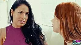 Redhead teen Zara learns to trust her tattooed brunette step mom Ella through oral and toy play