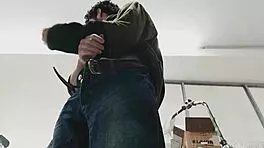 Watch me sneak around the shop to jerk off gigantic cumshot!