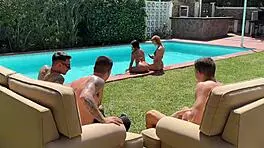Brutal Orgy at Mansion Pool with Megan Fiore and Dolly Dyson Taking Three Huge Cocks